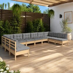 Garden Lounge Set 10 Piece Outdoor Furniture with Grey Cushions Solid Pinewood