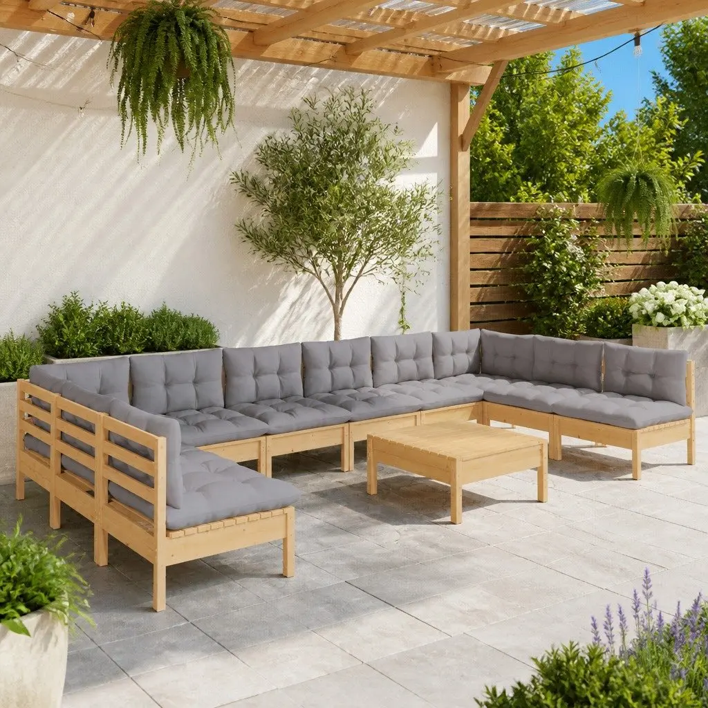 Garden Lounge Set 11 Piece Modular Outdoor Patio Furniture Grey Cushions Pinewood