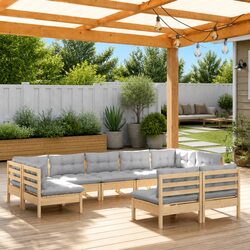 Garden Lounge Set 9 Piece Outdoor Patio Furniture with Grey Cushions Pinewood