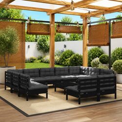 Garden Lounge Set 12 Piece Outdoor Furniture Black Pinewood with Cushions