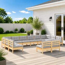 Garden Lounge Set 12 Piece Outdoor Patio Furniture Solid Pinewood Grey Cushions