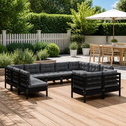 Garden Lounge Set 11 Piece Black Solid Pinewood Outdoor Patio Furniture with