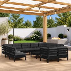 Garden Lounge Set 12 Piece Outdoor Furniture Black Pinewood with Cushions
