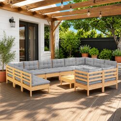 Garden Lounge Set 13 Piece Outdoor Patio Furniture Grey Cushions Pinewood