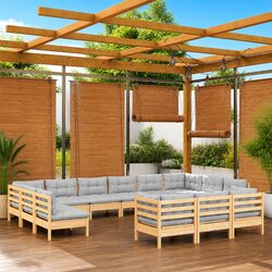 Wooden Garden Lounge Set 13 Piece Outdoor Patio Furniture Grey Cushions Pinewood