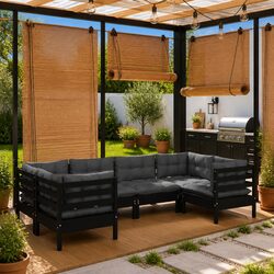 Garden Lounge Set 6 Piece Black Pinewood Outdoor Furniture with Cushions