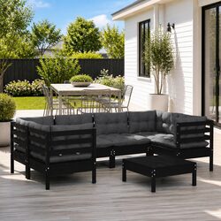 7 Piece Wooden Garden Lounge Set Black Pinewood Outdoor Patio Furniture with