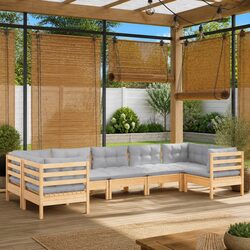 Wooden Garden Lounge Set 7 Piece Outdoor Furniture with Grey Cushions Pinewood