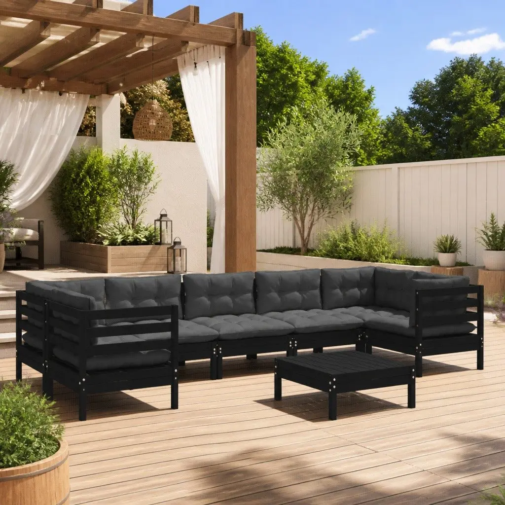 Garden Lounge Set Modular 8 Piece Outdoor Furniture Black Pinewood with Cushions