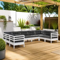 Garden Lounge Set 9 Piece White Pinewood Patio Furniture with Cushions Modular