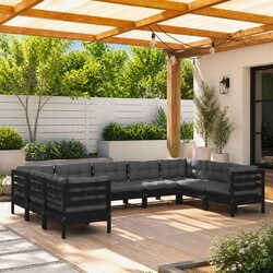 Garden Lounge Set 9 Piece Outdoor Patio Furniture Black Pinewood with Cushions