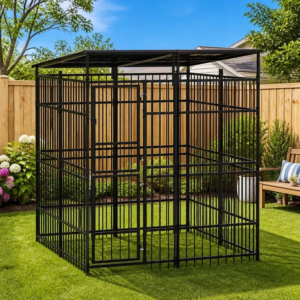 Dog Kennel Outdoor Run Enclosure Steel Roof Black