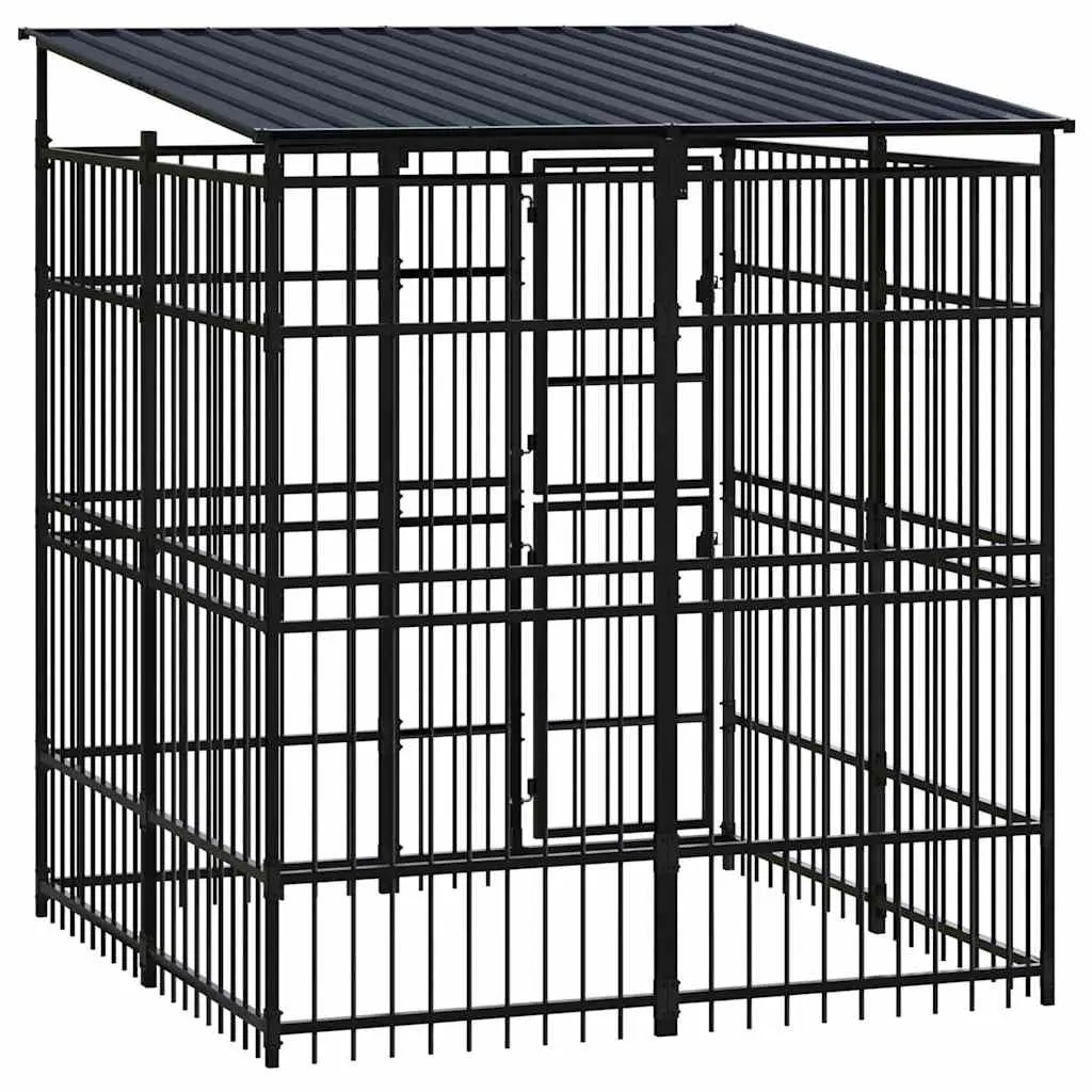 Dog Kennel Outdoor Run Enclosure Steel Roof Black