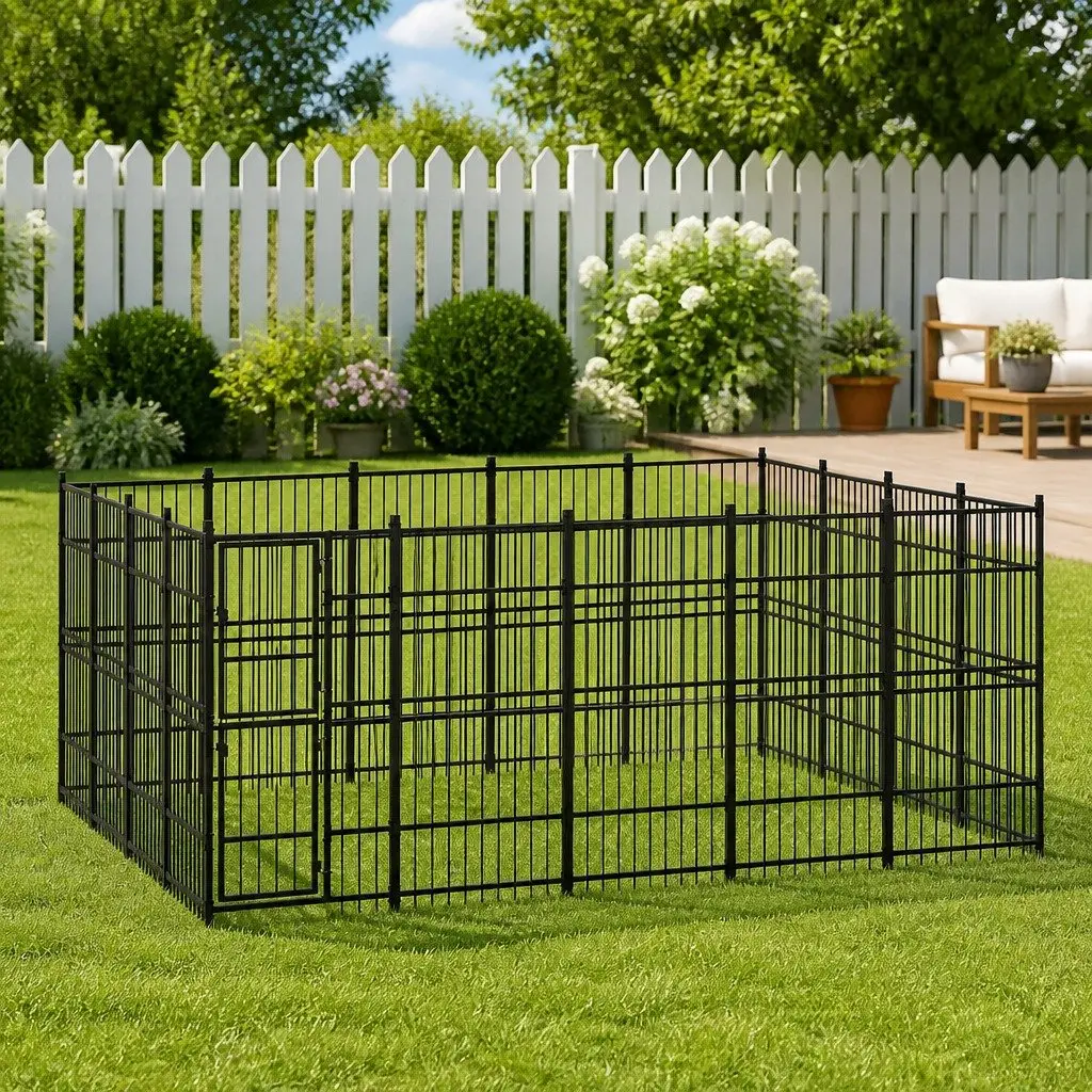 Dog Kennel Steel Outdoor Enclosure Large Ventilated Run 18.43 m² Black