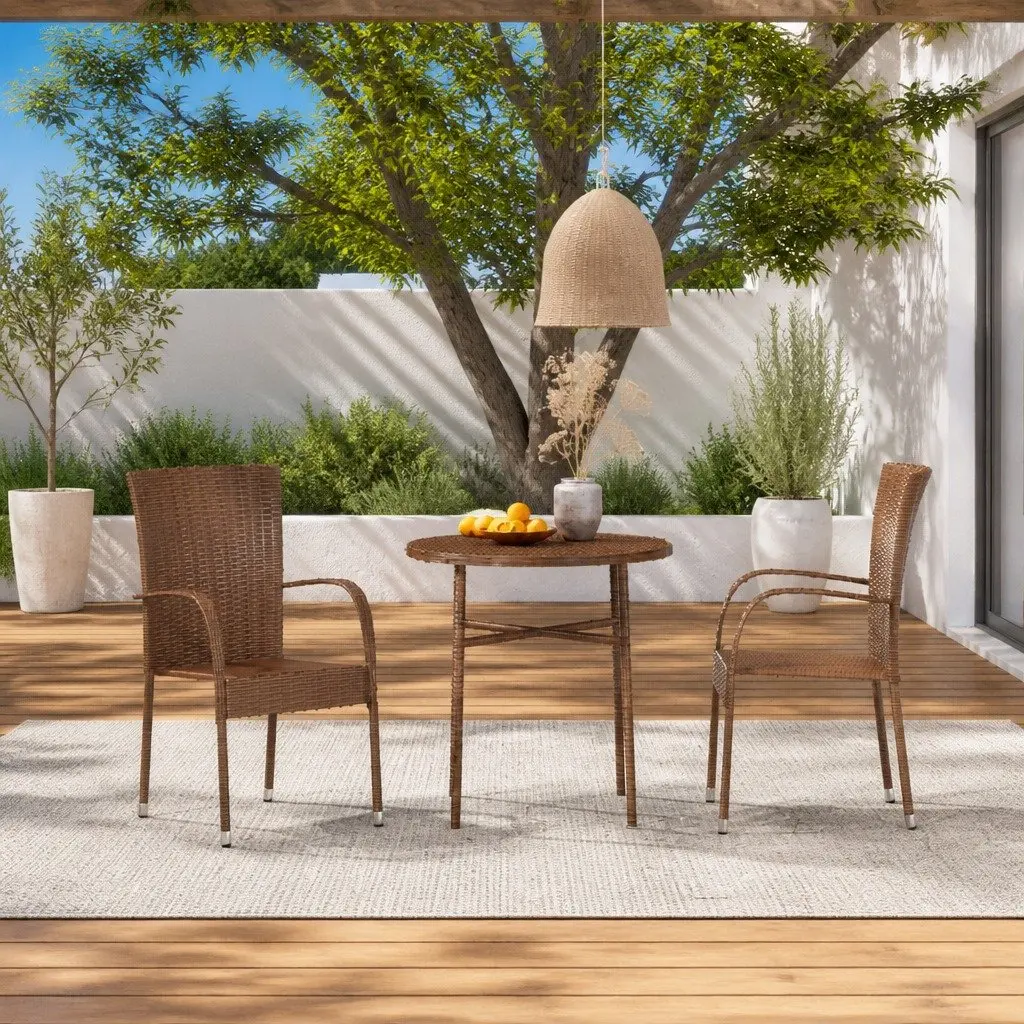 Garden Dining Set 3 Piece Outdoor Patio Furniture Brown Poly Rattan Table Chairs