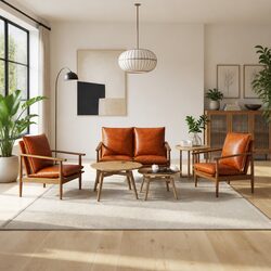 3 Piece Sofa Set Solid Acacia Wood Frame Goat Leather Brown Living Room