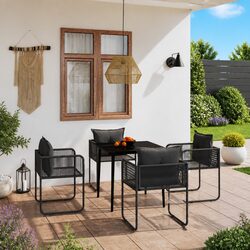 5 Piece Outdoor Garden Dining Set Black Steel Frame Glass Table Rattan Chairs