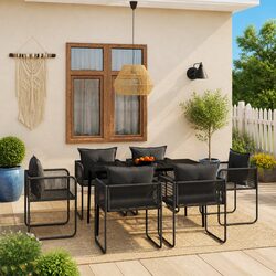 7 Piece Outdoor Garden Dining Set Black Steel Frame Glass Table Rattan Chairs