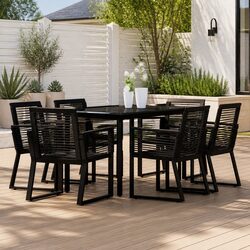 7 Piece Outdoor Garden Dining Set Black Steel Frame Glass Table Chairs