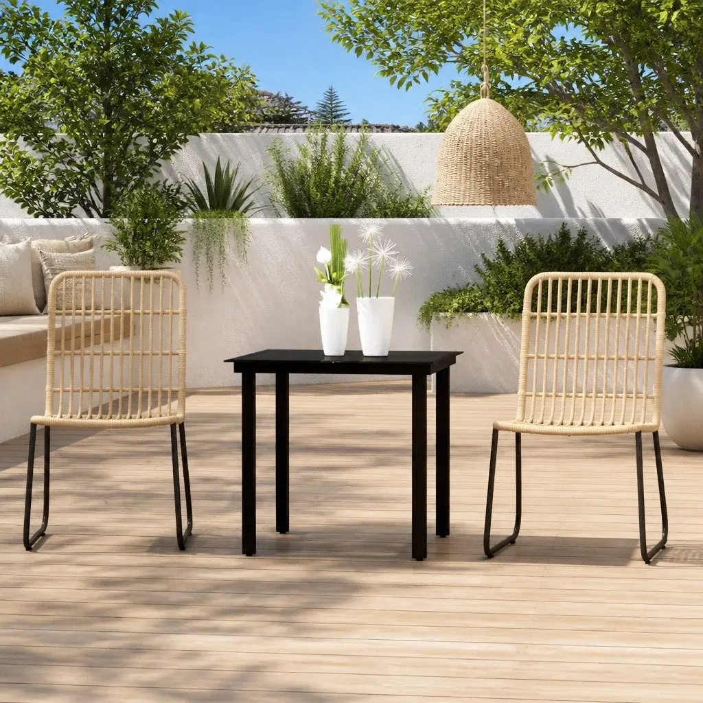 3 Piece Garden Dining Set Steel Frame Glass Top Black Outdoor Patio Table Chairs