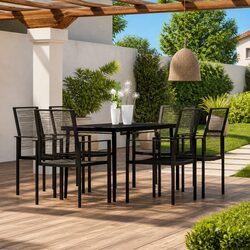 7 Piece Garden Dining Set Black Outdoor Patio Table Chairs Glass Top Rattan