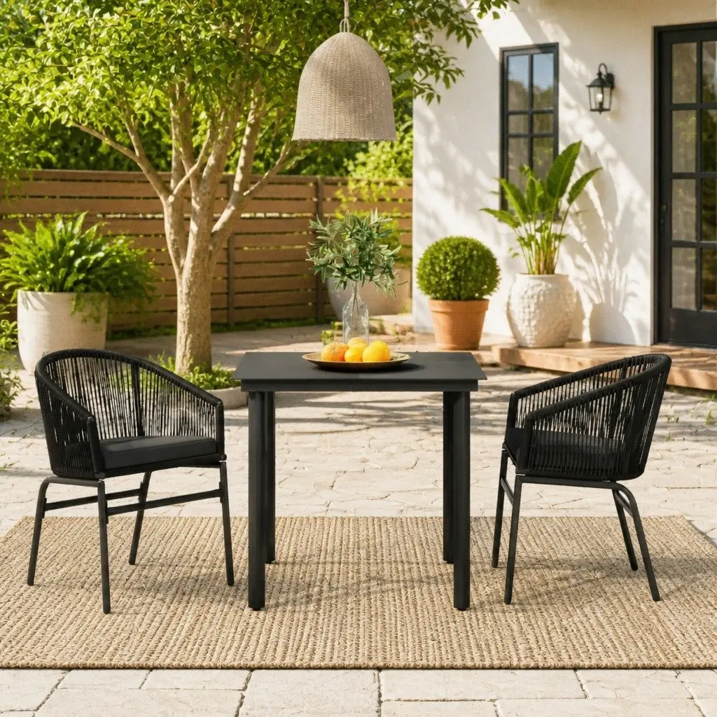 3 Piece Outdoor Dining Set Black Glass Table Rattan Chairs
