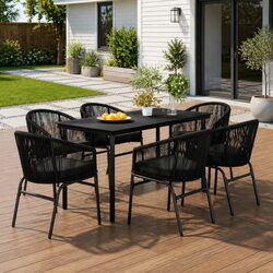 7 Piece Outdoor Garden Dining Set Black Steel Frame Glass Table Patio Chairs