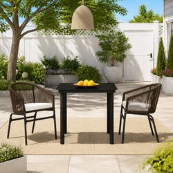 3 Piece Garden Dining Set Outdoor Patio Table Chairs Brown Steel Frame Glass Top