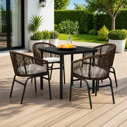 5 Piece Outdoor Garden Dining Set Steel Frame Glass Table Rattan Chairs Brown