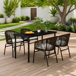 5 Piece Garden Dining Set Brown Steel Frame Glass Table Outdoor Patio Furniture