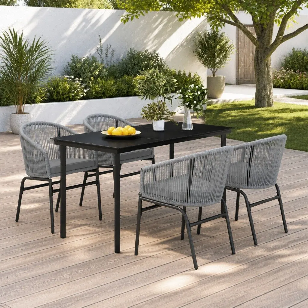 5 Piece Garden Dining Set Grey Steel Frame Glass Table Patio Chairs with Cushions
