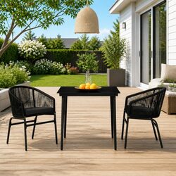 3 Piece Garden Dining Set Black Outdoor Furniture Patio Chairs Glass Table