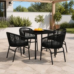 5 Piece Outdoor Garden Dining Set Steel Frame Glass Table Rattan Chairs Black