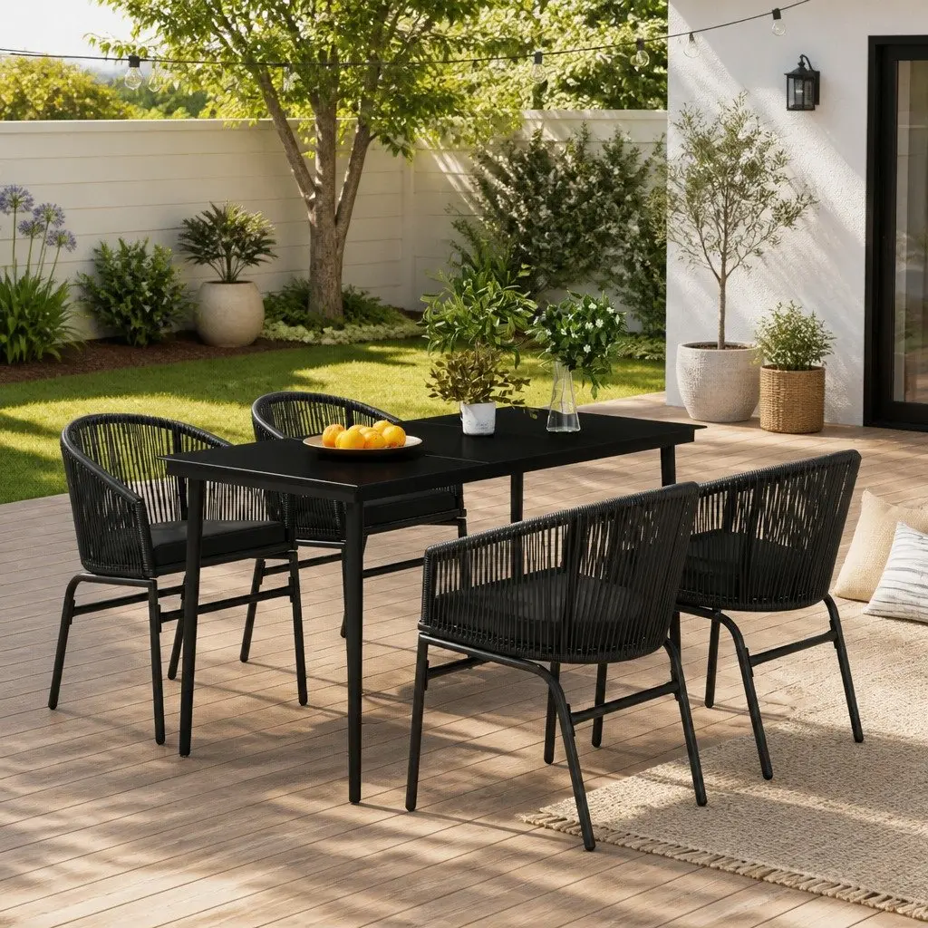 Garden Dining Set 5 Piece Outdoor Patio Furniture Black Glass Table PVC Rattan Chairs