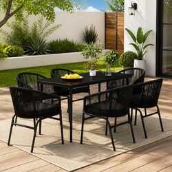 7 Piece Outdoor Garden Dining Set Glass Table Rattan Chairs Black Patio