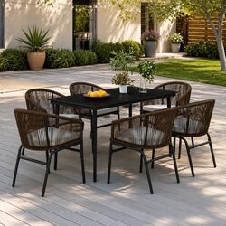 7 Piece Outdoor Dining Set Garden Furniture Brown Glass Table Rattan Chairs