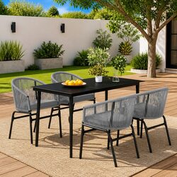 5 Piece Garden Dining Set Grey Steel Frame Glass Top Outdoor Patio Furniture