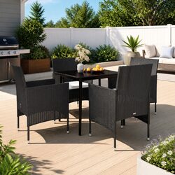 5 Piece Outdoor Garden Dining Set Black Steel Rattan Chairs Glass Table