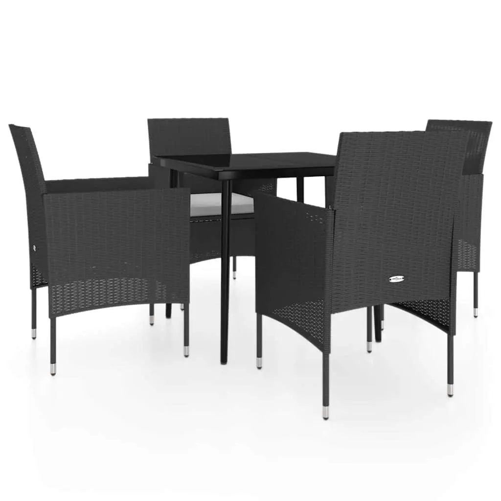 5 Piece Outdoor Garden Dining Set Black Steel Rattan Chairs Glass Table