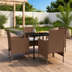 Outdoor Garden Dining Set 5 Piece Glass Table Rattan Chairs Cushions Brown