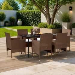 7 Piece Outdoor Garden Dining Set Rattan Chairs Glass Table with Cushions Brown