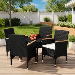5 Piece Outdoor Dining Set Black Glass Table Rattan Chairs with Cushions Garden