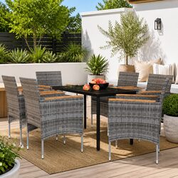 Outdoor Dining Set 7 Piece Grey Table Chairs Cushions Glass Top Patio Furniture