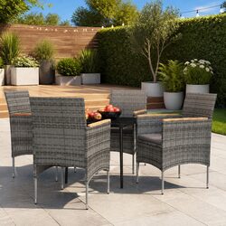 Outdoor Dining Set 5 Piece Glass Table Rattan Chairs Grey Patio Furniture