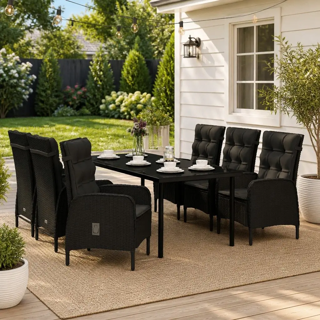 7 Piece Outdoor Dining Set Garden Furniture Table Chairs Black with Cushions