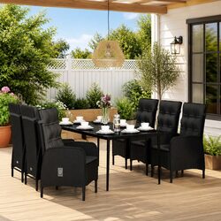 Outdoor Garden Dining Set 7 Piece Reclining Chairs Glass Table Black