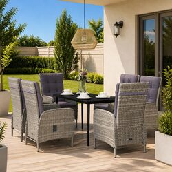7 Piece Outdoor Dining Set Glass Table Rattan Chairs Cushions Grey Black