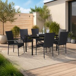 Outdoor Dining Set 7 Piece Black Rattan Chairs Glass Table Patio Furniture