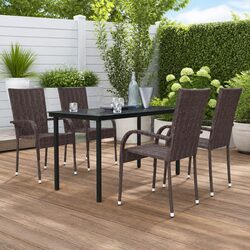 5 Piece Outdoor Dining Set Glass Table Rattan Chairs Patio Furniture Brown