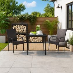 Garden Dining Set 3 Piece Outdoor Furniture Black Steel Rattan Chairs Glass